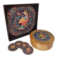 Kalamkari Tray, Roti Box & Coaster Gift (Set of 10)