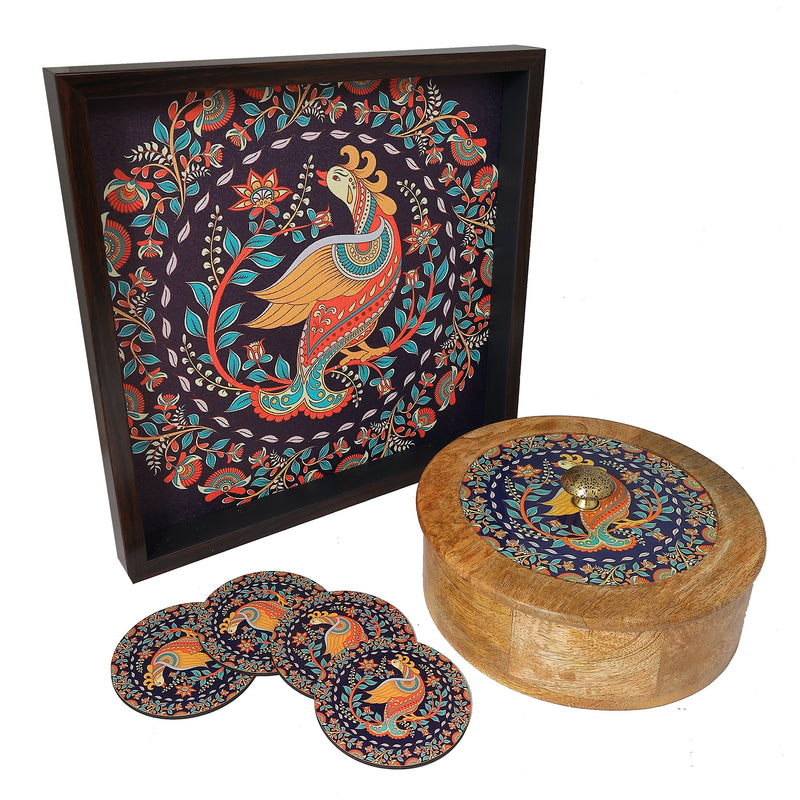 Kalamkari Tray, Roti Box & Coaster Gift (Set of 10)