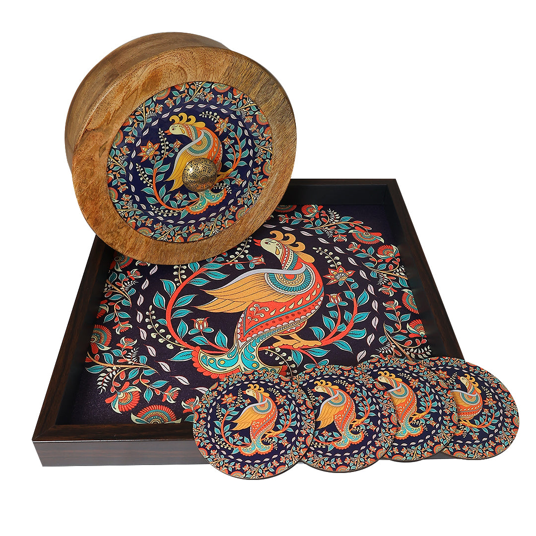 Kalamkari Tray, Roti Box & Coaster Gift