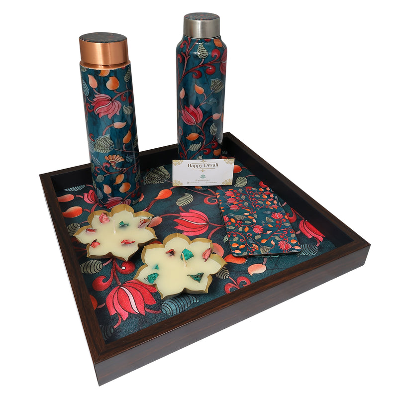 Pichwai Tray, Bottles, Coasters & Diya Gift (Set of 10)