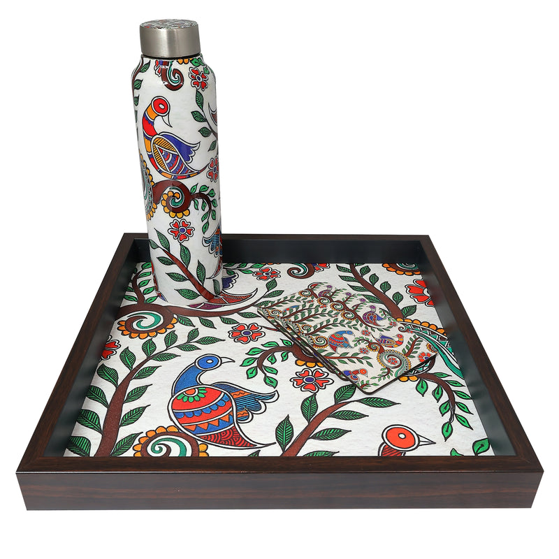 Madhubani Tray, Bottle & Coaster Gift (Set of 10)