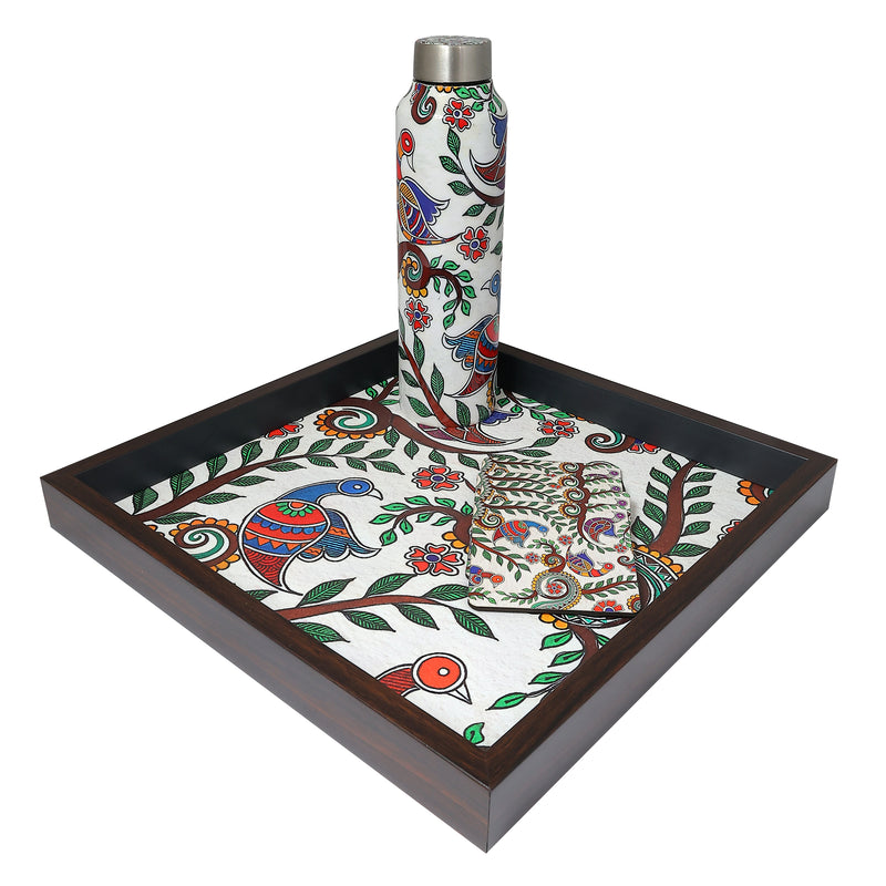 Madhubani Tray, Bottle & Coaster Gift (Set of 10)