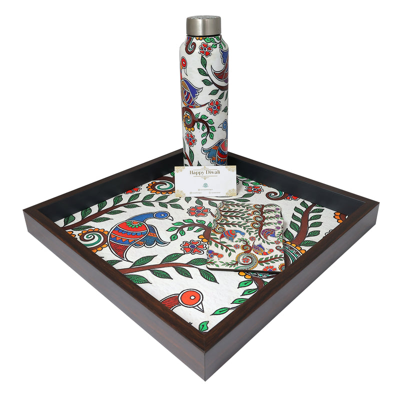 Madhubani Tray, Bottle & Coaster Gift (Set of 10)