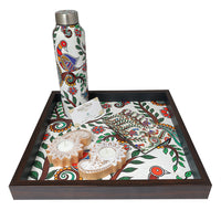 Madhubani Tray, Coasters, Bottle & Diya Gift