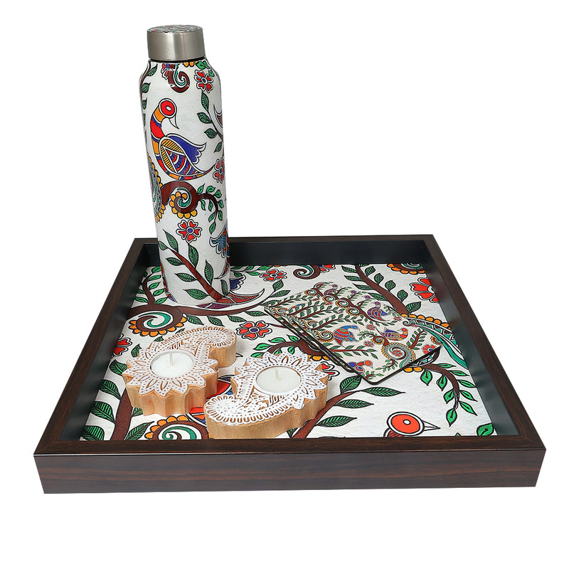 Elegant Madhubani Peacock Print MDF Serving Tray – Stylish & Durable Design