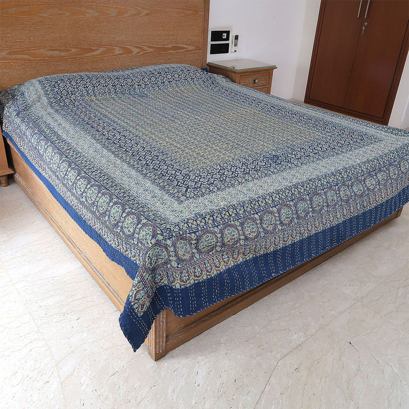 Ajrakh with Kantha Bedcover | Artisan-Made 100% Cotton Bedspread