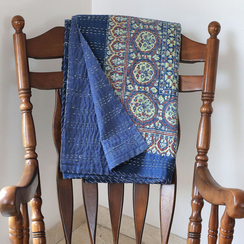 Ajrakh with Kantha Bedcover | Artisan-Made 100% Cotton Bedspread