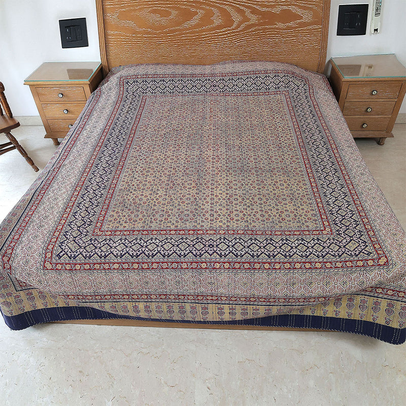 Ajrakh with Kantha Bedcover | Artisan-Made 100% Cotton Bedspread