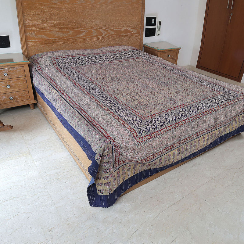 Ajrakh with Kantha Bedcover | Artisan-Made 100% Cotton Bedspread