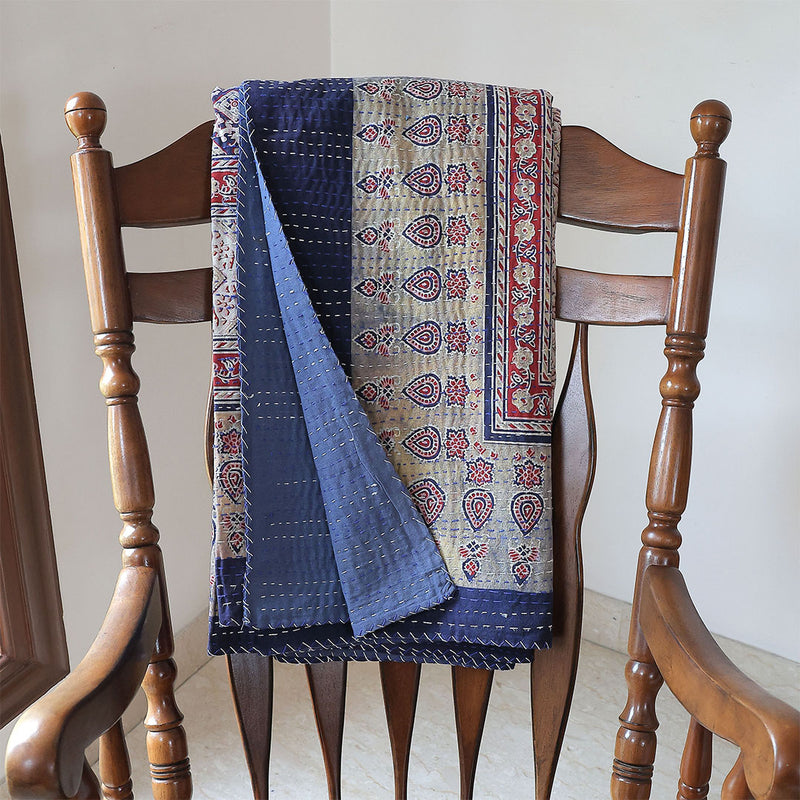Ajrakh with Kantha Bedcover | Artisan-Made 100% Cotton Bedspread