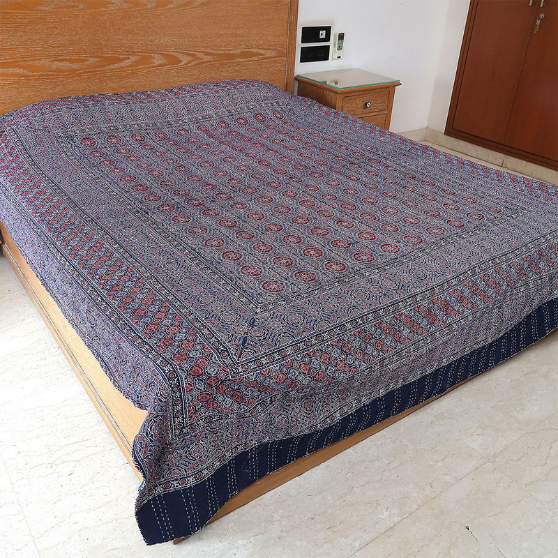 Ajrakh with Kantha Bedcover | Artisan-Made 100% Cotton Bedspread