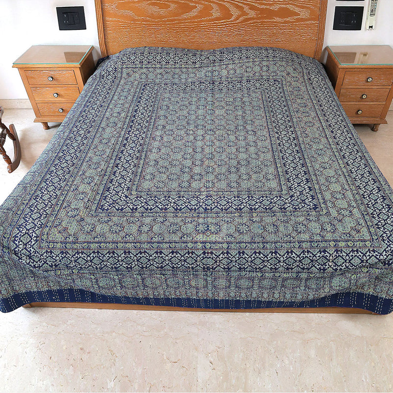 Ajrakh with Kantha Bedcover | Artisan-Made 100% Cotton Bedspread