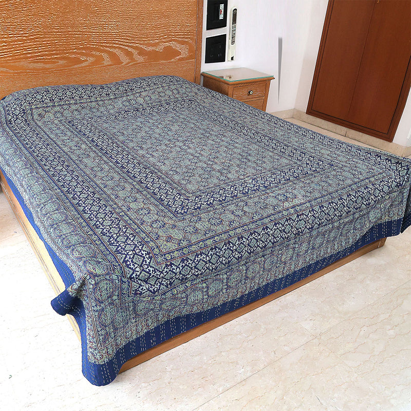 Ajrakh with Kantha Bedcover | Artisan-Made 100% Cotton Bedspread