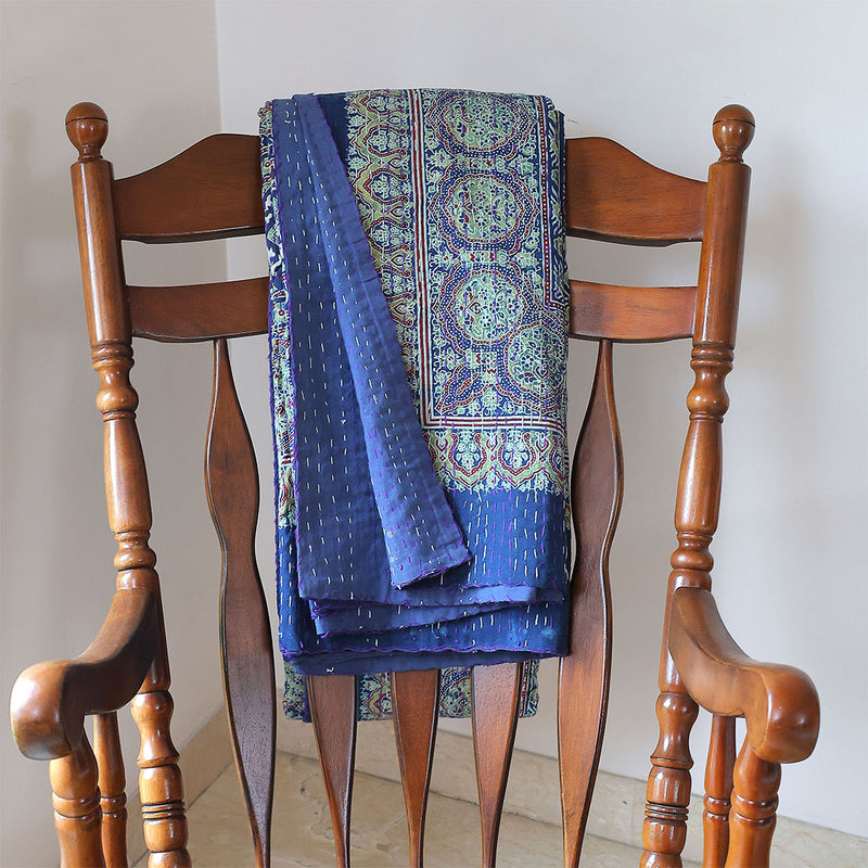 Ajrakh with Kantha Bedcover | Artisan-Made 100% Cotton Bedspread