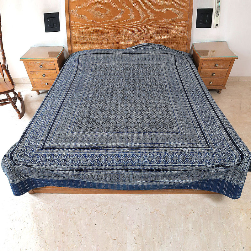 Ajrakh with Kantha Bedcover | Artisan-Made 100% Cotton Bedspread