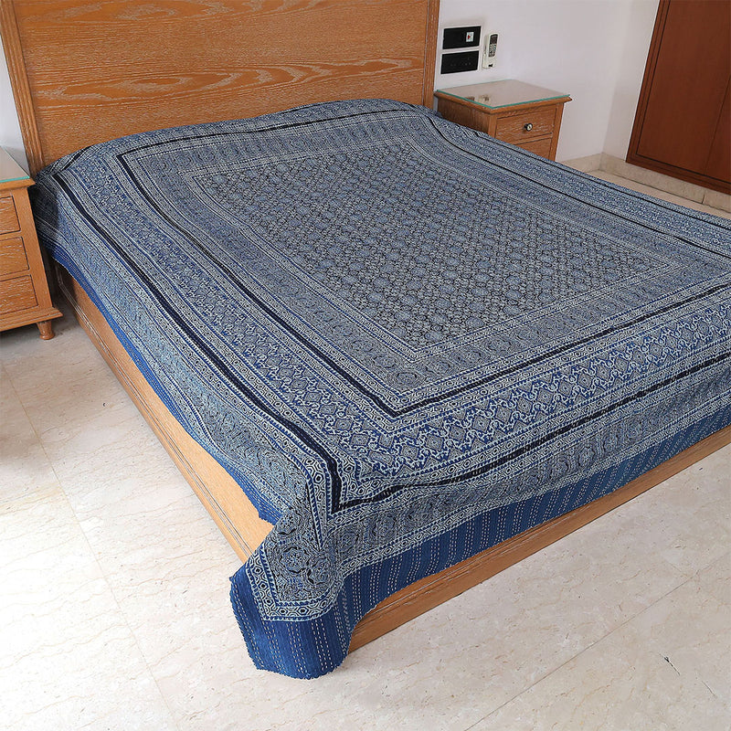 Ajrakh with Kantha Bedcover | Artisan-Made 100% Cotton Bedspread