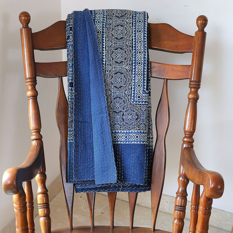 Ajrakh with Kantha Bedcover | Artisan-Made 100% Cotton Bedspread