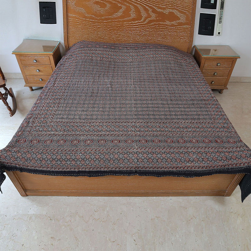 Ajrakh with Kantha Bedcover | Artisan-Made 100% Cotton Bedspread