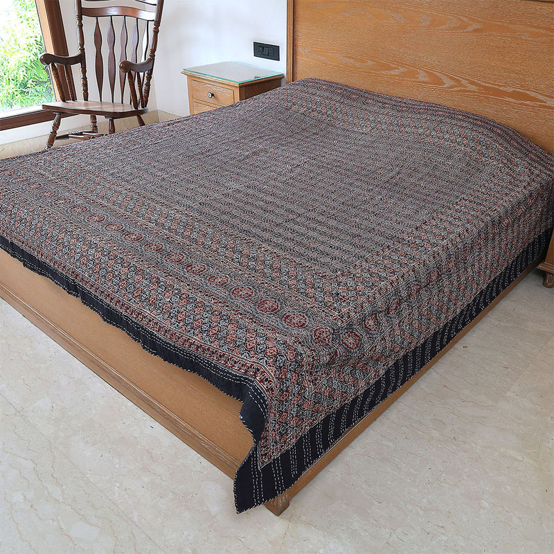 Ajrakh with Kantha Bedcover | Artisan-Made 100% Cotton Bedspread