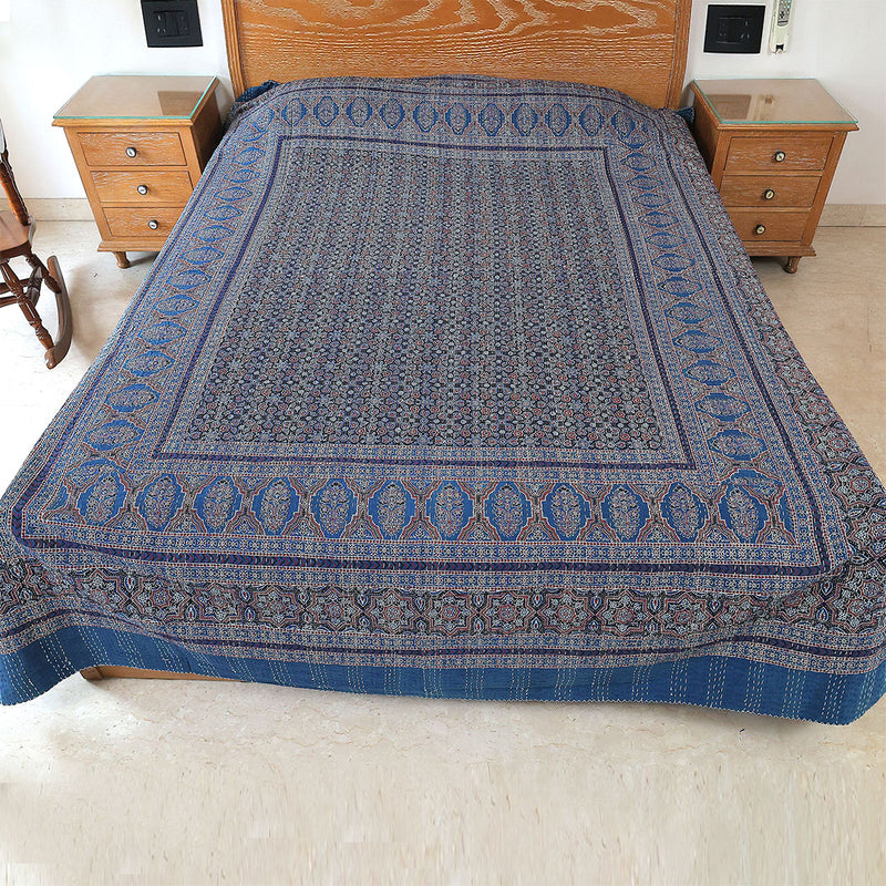 Ajrakh with Kantha Bedcover | Artisan-Made 100% Cotton Bedspread
