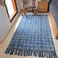 Indigo Bliss Hand Block Printed Cotton Rug with Tassel Edges