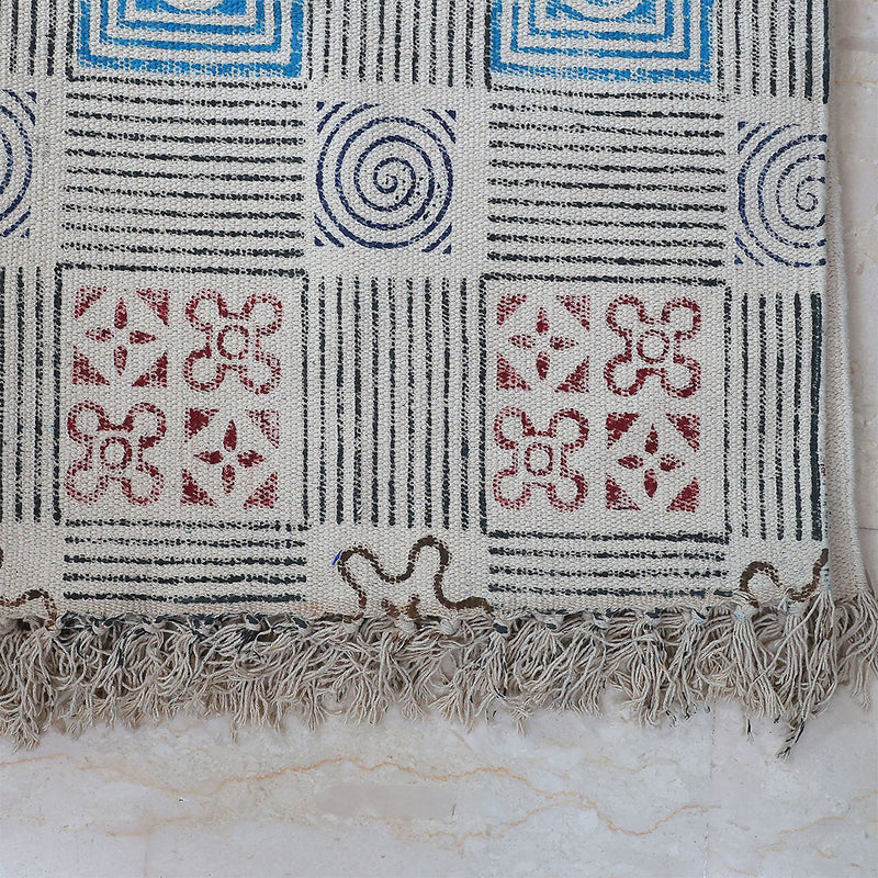 Geometric Floral Block Printed Cotton Dhurrie Rug | Handwoven Area Rug for Living Room & Home Decor