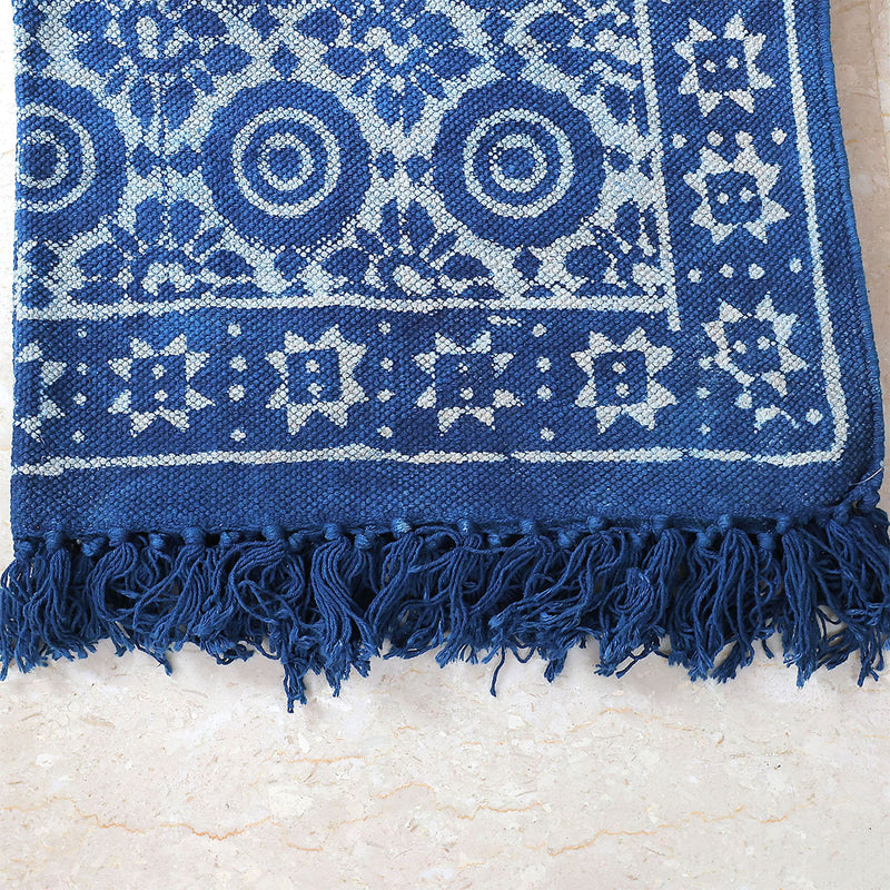 Boho Style Blue Cotton Rug with Geometric Flower Patterns| Handcrafted Cotton Area Rug for Home & Living Room Decor
