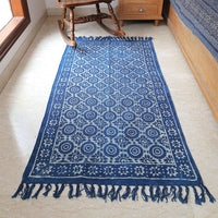 Boho Style Blue Cotton Rug with Geometric Flower Patterns| Handcrafted Cotton Area Rug for Home & Living Room Decor