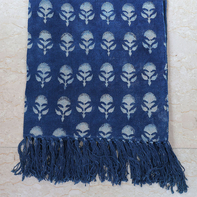 Indigo Bloom Buti Rug – Handwoven Cotton Mat with Floral Motifs