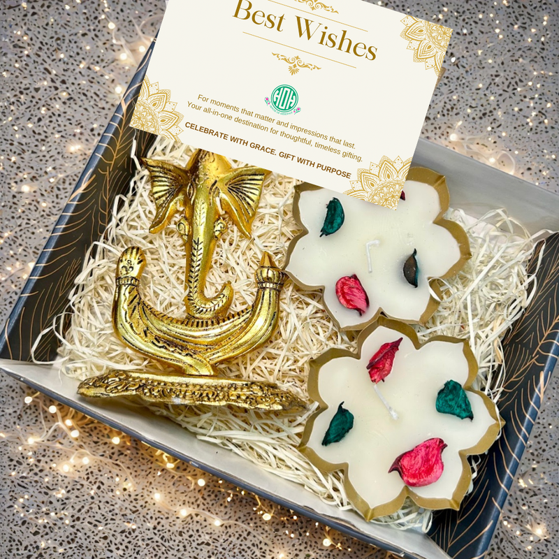 Gift Box - Trishul Ganesh & Metal Diya Combo