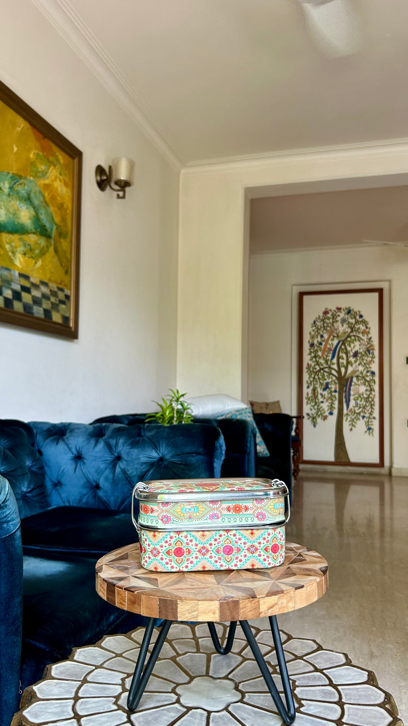 Ethnic Enamelware Steel Lunch Box – 2 Tier, Sustainable & Reusable