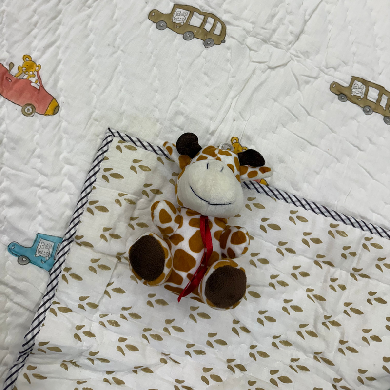 Car Design Handcrafted Block Printed Kids Quilt | Soft & Cozy Cotton Quilt for Babies & Toddlers