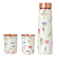 BG|Copper Water Bottle Gifting Set | 1 Litre Bottle & Set of 2 Glasses | Boosts Immunity-White Floral