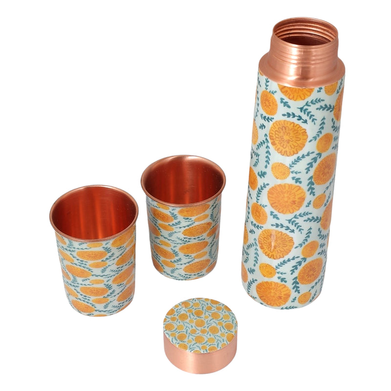 Copper Water Bottle Gifting Set | 1 Litre Bottle & Set of 2 Glasses | Marigold | Boosts Immunity