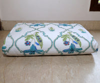 Handcrafted Block Printed Blooming Flower Print Quilted Bedcover With Two Pillowcases