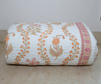 Handcrafted Block Printed Orange Wavy Print Quilted Bedcover With Two Pillowcases