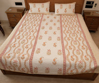 Handcrafted Block Printed Orange Wavy Print Quilted Bedcover With Two Pillowcases