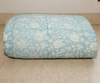 Handcrafted Block Printed Floral Print Quilted Bedcover With Two Pillowcases