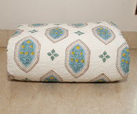 Handcrafted Block Printed Geometric Pattern Quilted Bedcover With Two Pillowcases