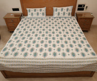 Handcrafted Block Printed Geometric Pattern Quilted Bedcover With Two Pillowcases