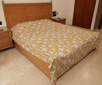 Elegant Yellow Block Printed Bedcover | Artisan-Made 100% Cotton Bedspread