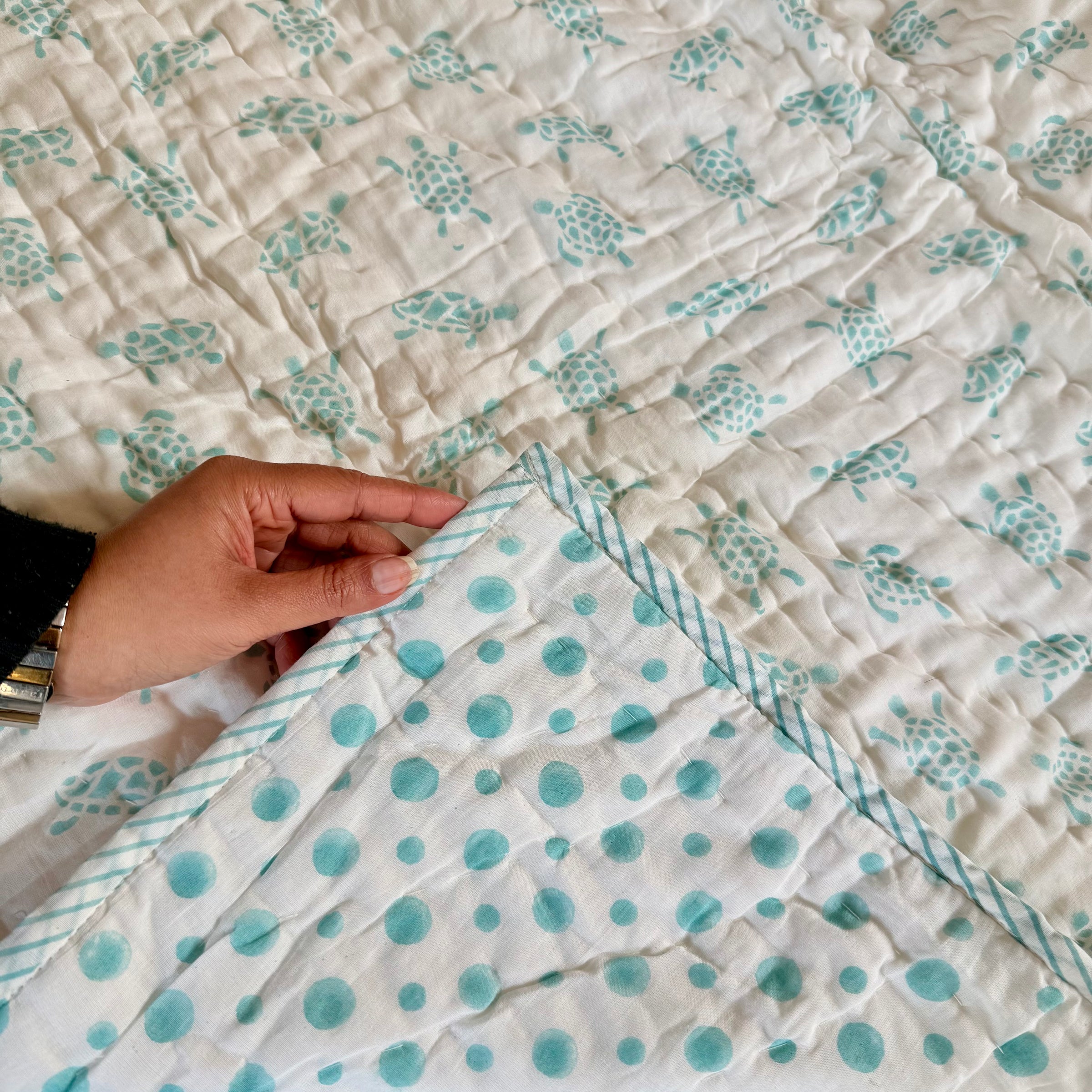 Turtle Design Handcrafted Block Printed Kids Quilt