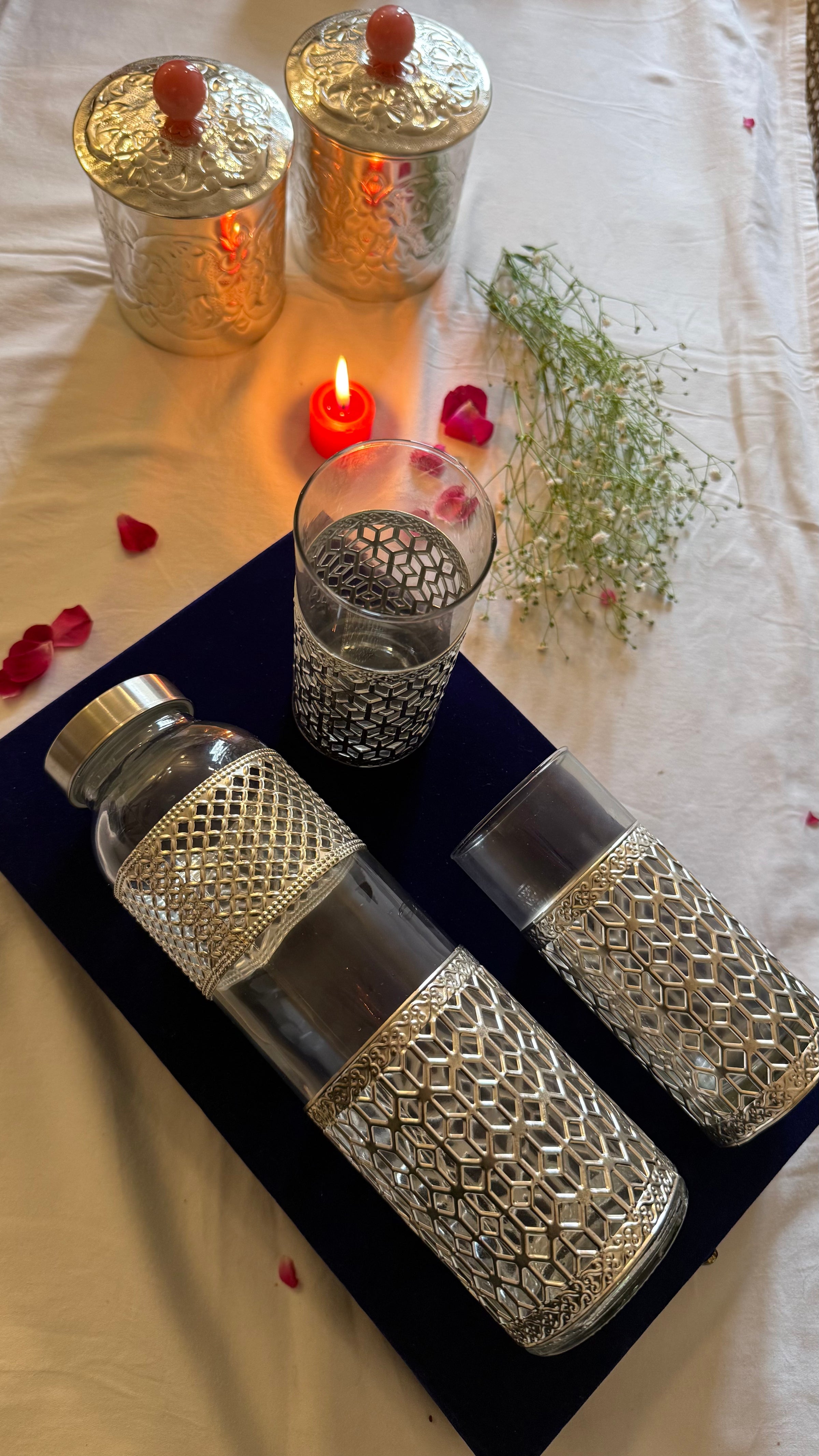 Handcrafted German Silver Bottle & Glass Set for Home, Office & Gifting