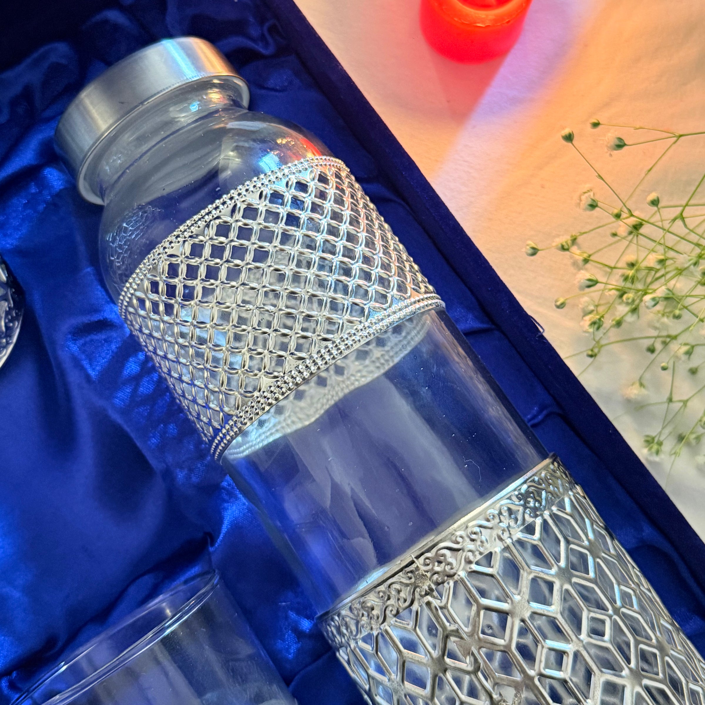 Handcrafted German Silver Bottle & Glass Set for Home, Office & Gifting