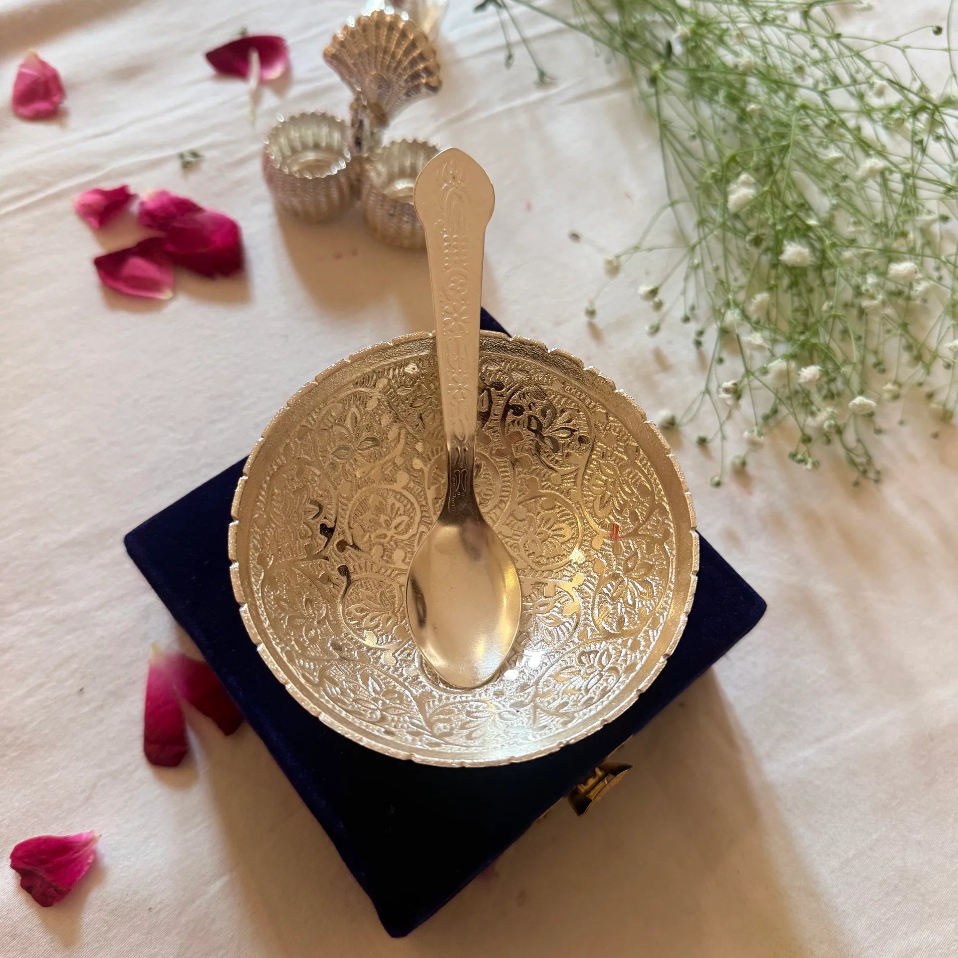 Silver Pooja Gift Combo | Kumkum Chawal Holder with Decorative Silver Plated Bowl.