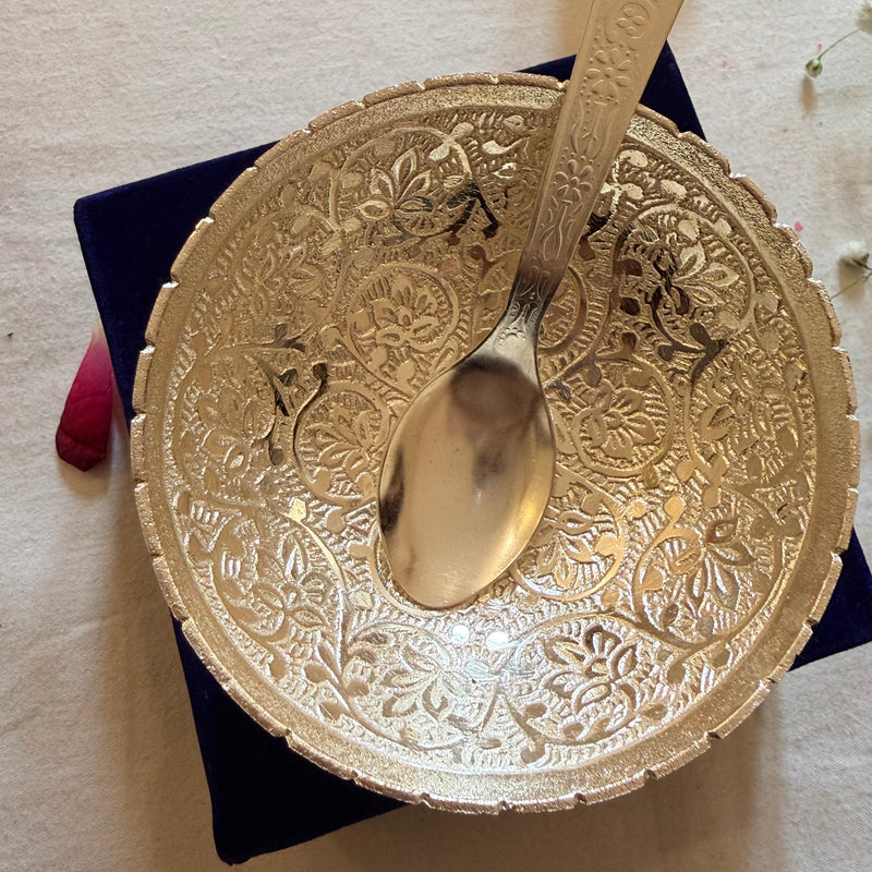 Decorative Silver Plated Bowl with Spoon & Gift Box | Traditional Indian Gift Set