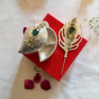 Silver Finish Kumkum Chawal Holder with Mor Pankh