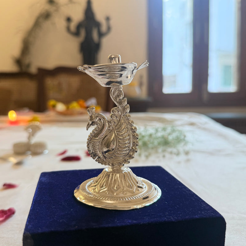 German Silver Peacock Deepam | Temple Diya for Puja, Aarti & Gifting