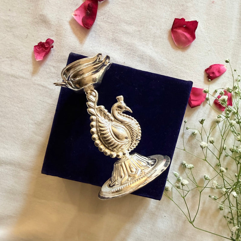 German Silver Peacock Deepam | Temple Diya for Puja, Aarti & Gifting