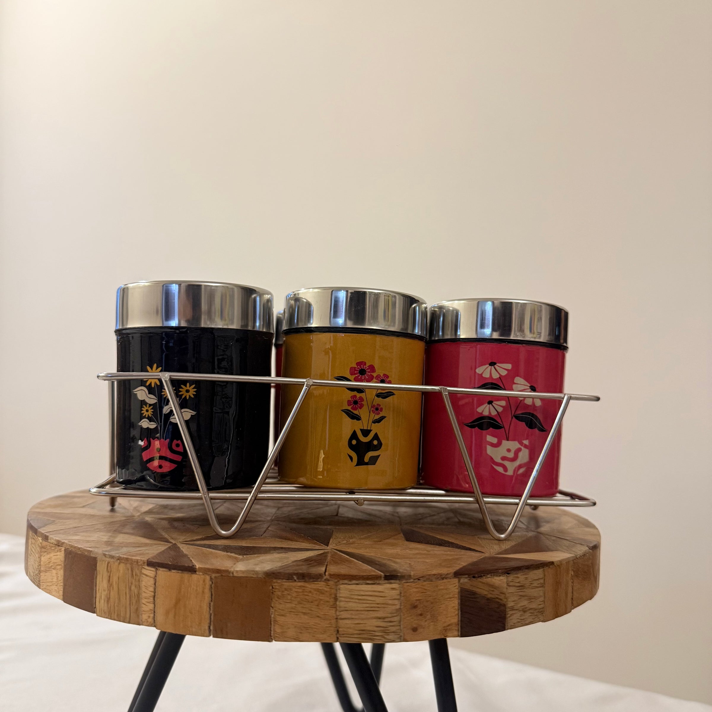 Meenakari Masala Jar Set with Stand | Spice Container Set for Kitchen
